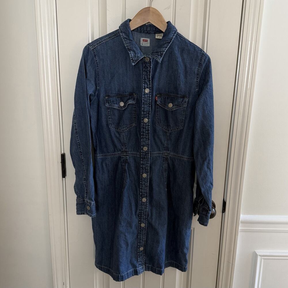 Levi's Ellie Denim Mini Dress Snap Front Cotton Long Sleeve Size Large